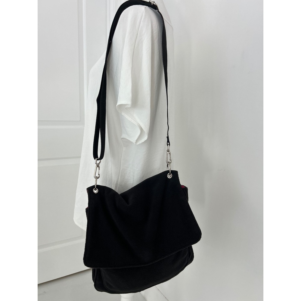 Old Navy Black Fleece Messenger Bag Hot Pink Lining Crossbody Adjustable Strap